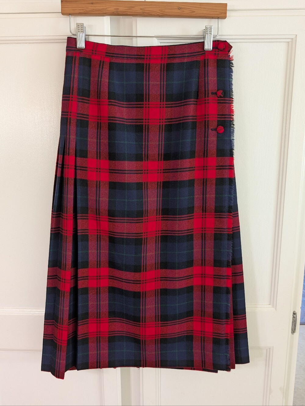 Vintage‎ ALJEAN 100% Wool Wrap Plaid Midi Skirt Pleated Back Red and Navy Size S